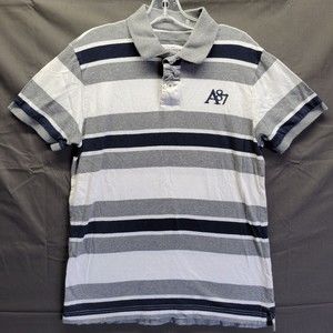 Aeropostale Men's Shirt M Polo Short Sleeve Striped Logo Grey/Black